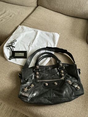 Balenciaga Black Leather Shoulder Satchel with Brass Hardware